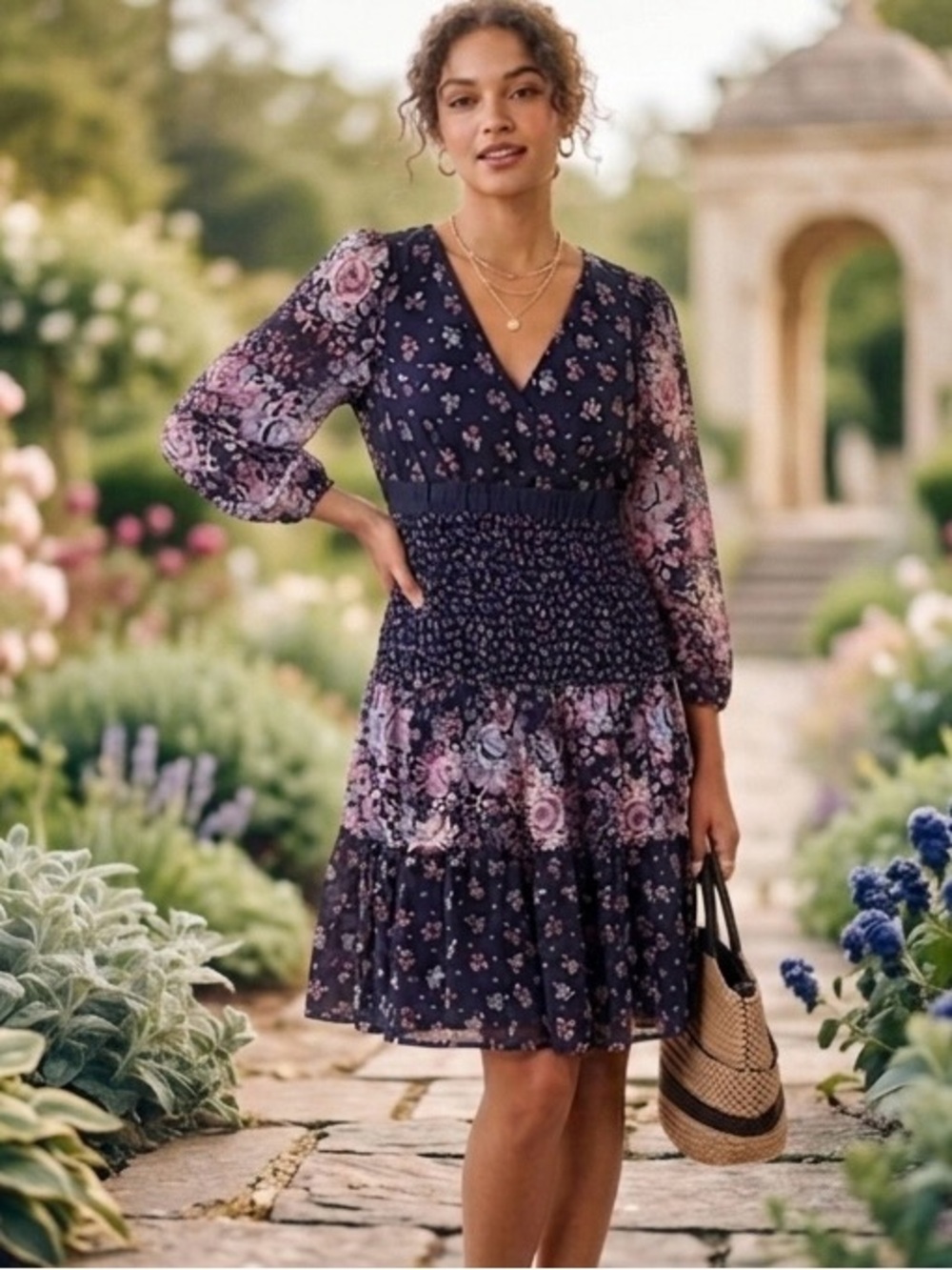 LOFT Black and Pink Floral Long Sleeve Dress Size 8